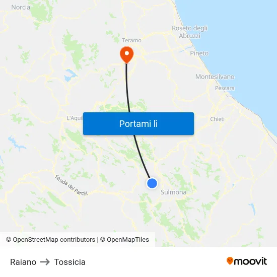 Raiano to Tossicia map