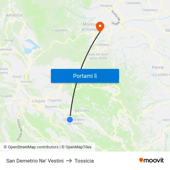 San Demetrio Ne' Vestini to Tossicia map