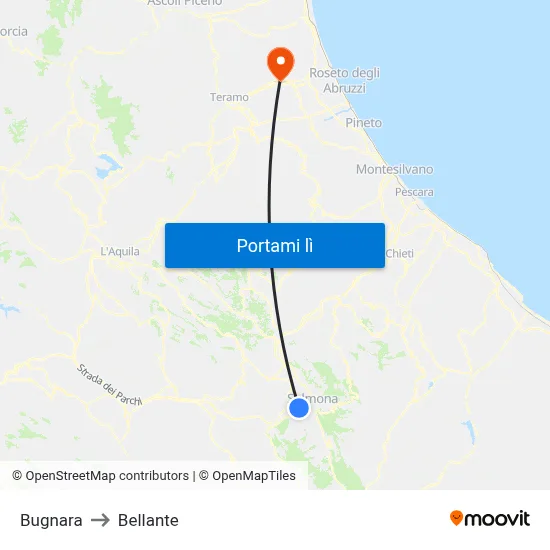 Bugnara to Bellante map