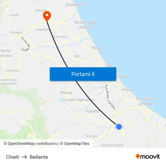 Chieti to Bellante map