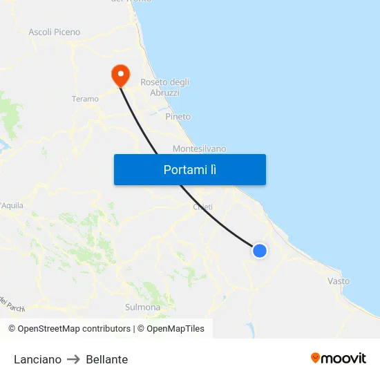 Lanciano to Bellante map
