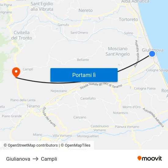 Giulianova to Campli map