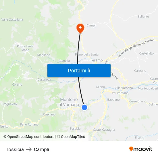 Tossicia to Campli map