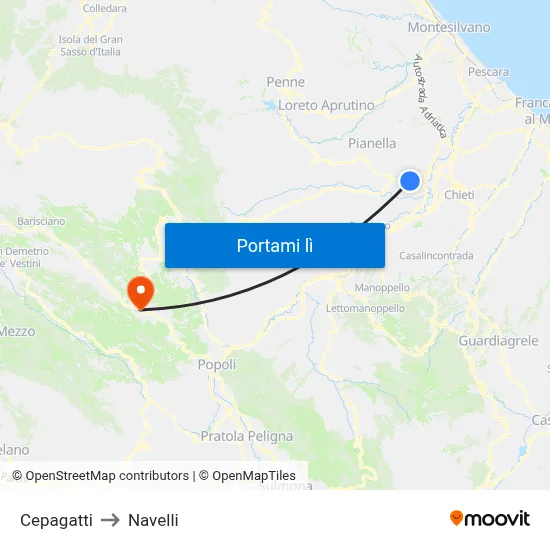 Cepagatti to Navelli map