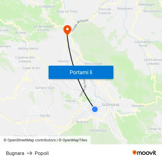 Bugnara to Popoli map