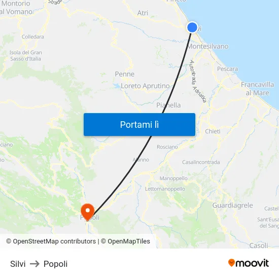 Silvi to Popoli map