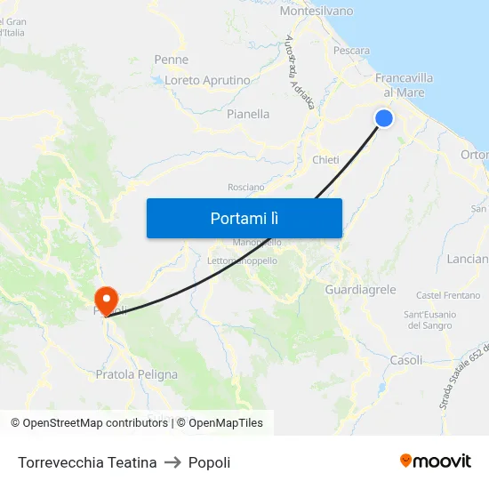 Torrevecchia Teatina to Popoli map