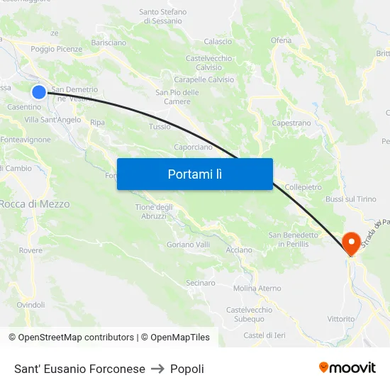 Sant' Eusanio Forconese to Popoli map