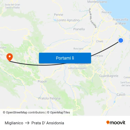 Miglianico to Prata D' Ansidonia map