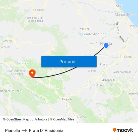 Pianella to Prata D' Ansidonia map