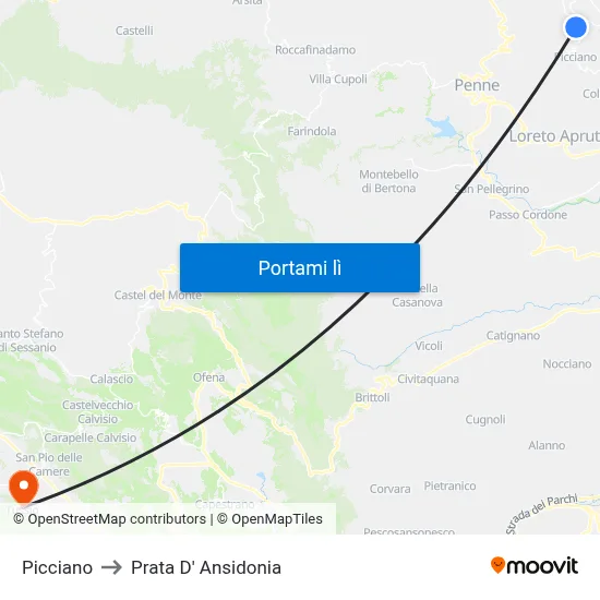 Picciano to Prata D' Ansidonia map