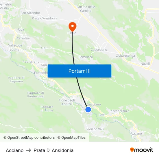 Acciano to Prata D' Ansidonia map
