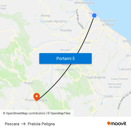 Pescara to Pratola Peligna map