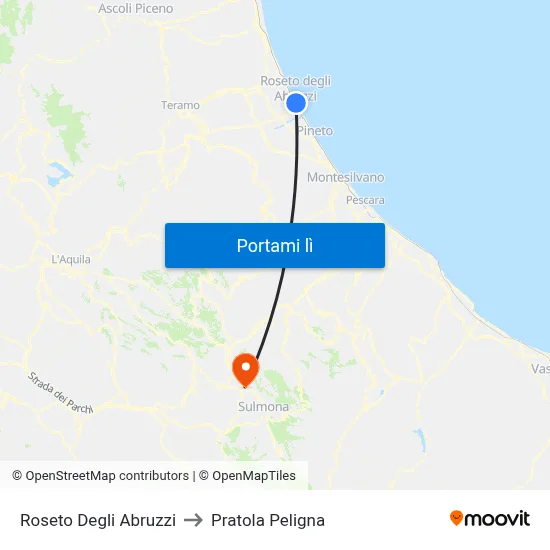 Roseto Degli Abruzzi to Pratola Peligna map