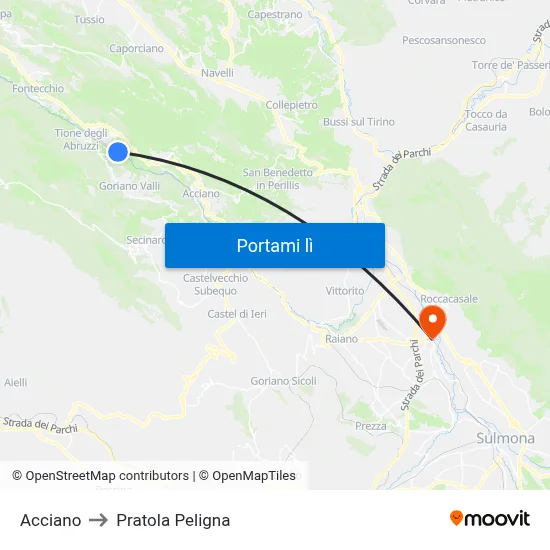 Acciano to Pratola Peligna map