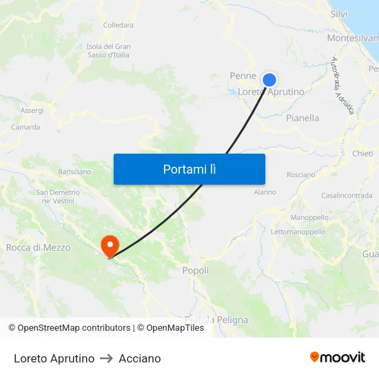 Loreto Aprutino to Acciano map
