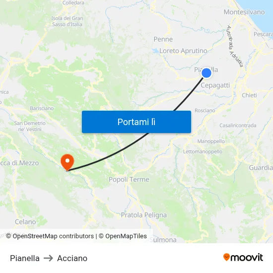 Pianella to Acciano map