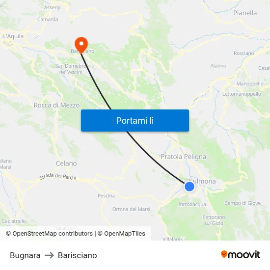 Bugnara to Barisciano map