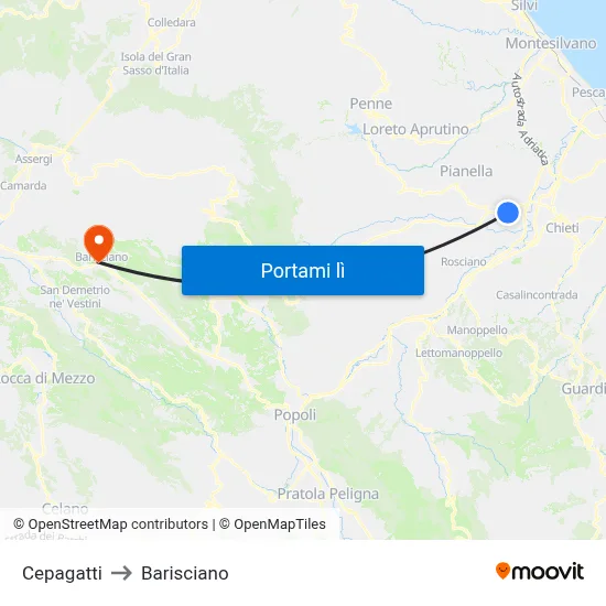 Cepagatti to Barisciano map