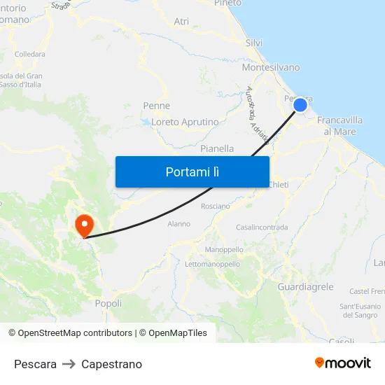 Pescara to Capestrano map