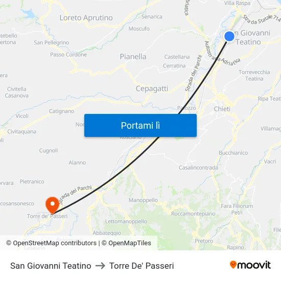 San Giovanni Teatino to Torre De' Passeri map