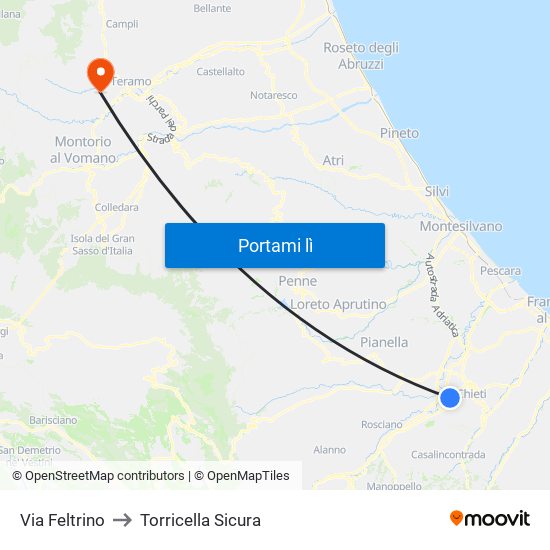 Via Feltrino to Torricella Sicura map