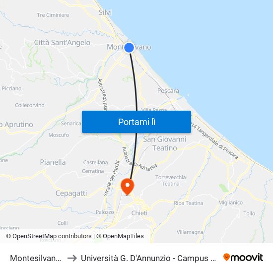 Montesilvano FS to Università G. D'Annunzio - Campus Di Chieti map