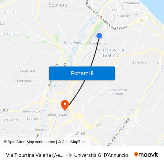 Via Tiburtina Valeria (Aeroporto D'Abruzzo) to Università G. D'Annunzio - Campus Di Chieti map