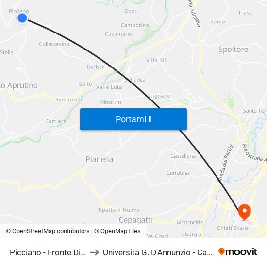 Picciano - Fronte Distributore to Università G. D'Annunzio - Campus Di Chieti map