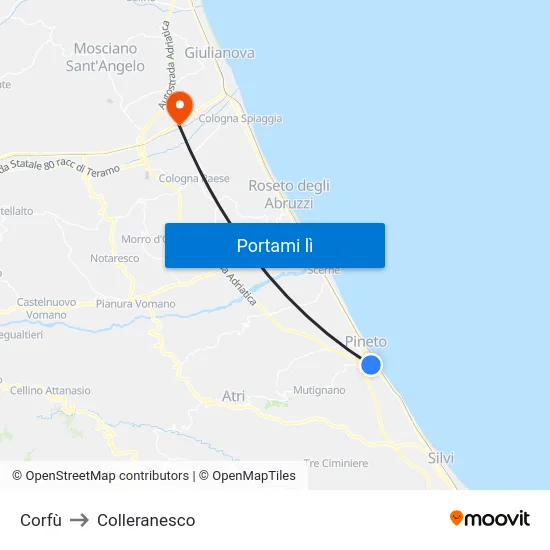 Corfù to Colleranesco map