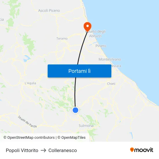 Popoli Vittorito to Colleranesco map