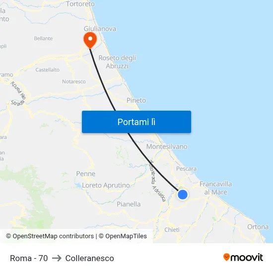 Roma - 70 to Colleranesco map