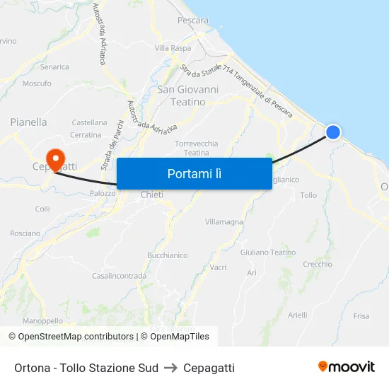 Ortona - Tollo Stazione Sud to Cepagatti map