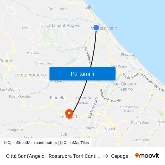 Città Sant'Angelo - Rosarubra Torri Cantine to Cepagatti map