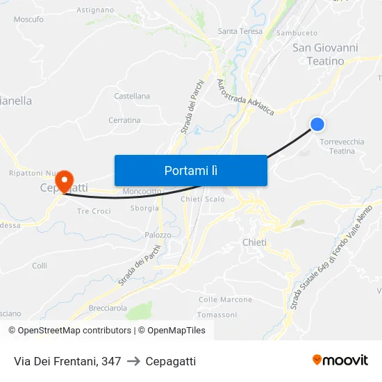 Via Dei Frentani, 347 to Cepagatti map