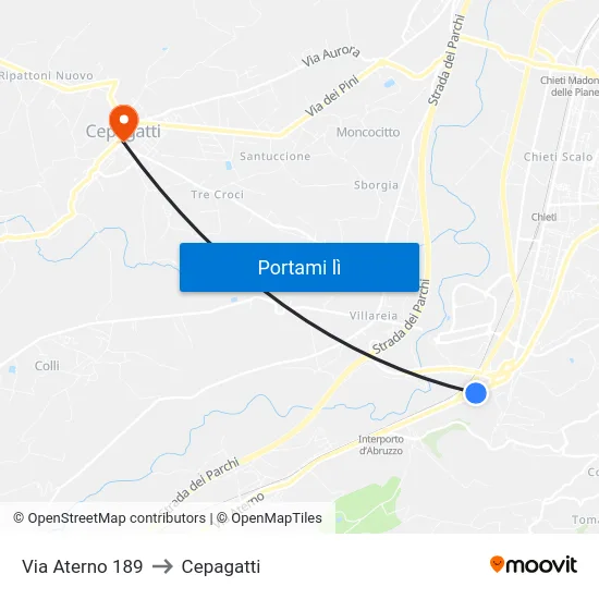 Via Aterno 189 to Cepagatti map