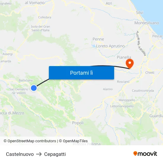 Castelnuovo to Cepagatti map