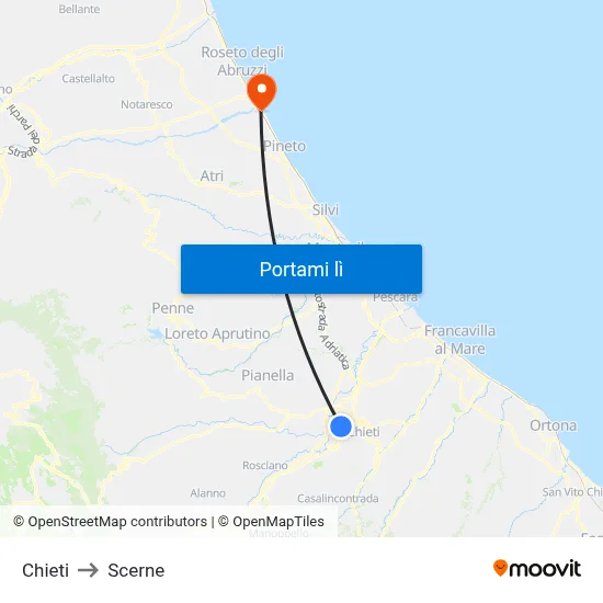 Chieti to Scerne map