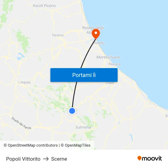 Popoli Vittorito to Scerne map