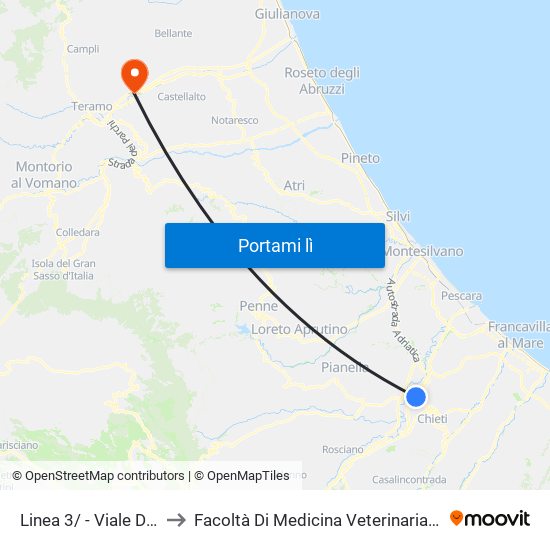 Linea 3/ - Viale Della Unità D'Italia 24 to Facoltà Di Medicina Veterinaria - Università Degli Studi Di Teramo map