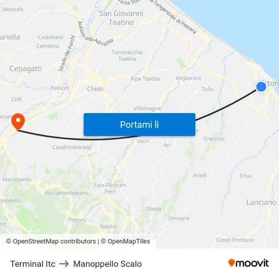 Terminal Itc to Manoppello Scalo map