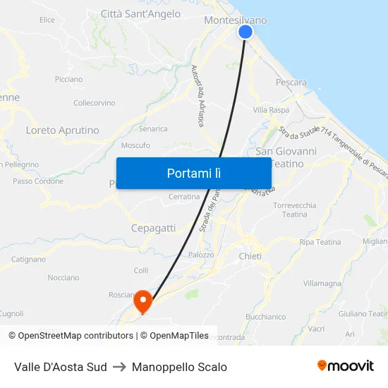 Valle D'Aosta Sud to Manoppello Scalo map