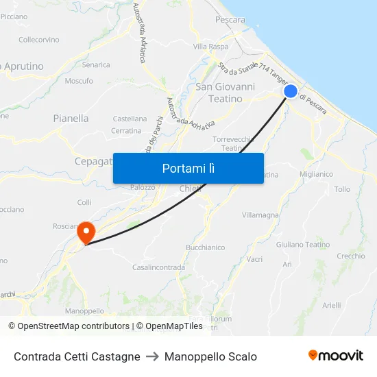 Contrada Cetti Castagne to Manoppello Scalo map