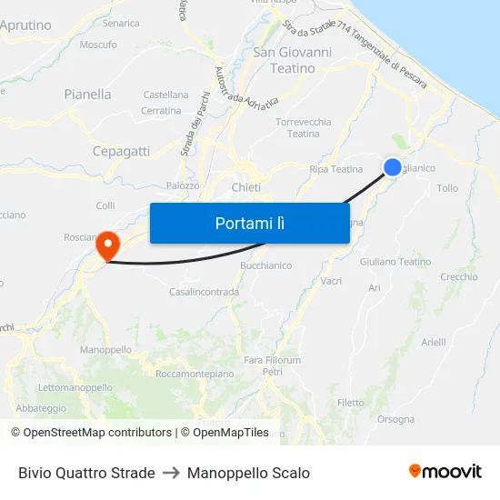Bivio Quattro Strade to Manoppello Scalo map