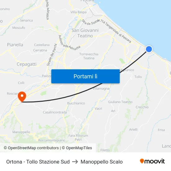 Ortona - Tollo Stazione Sud to Manoppello Scalo map