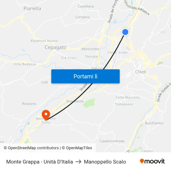 Monte Grappa - Unità D'Italia to Manoppello Scalo map