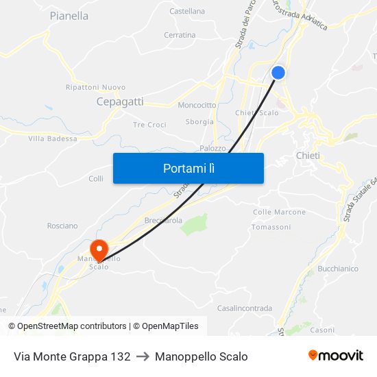 Via Monte Grappa 132 to Manoppello Scalo map