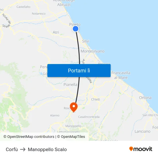 Corfù to Manoppello Scalo map