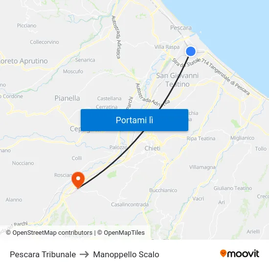 Pescara Tribunale to Manoppello Scalo map