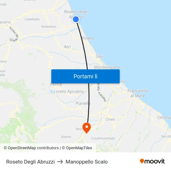 Roseto Degli Abruzzi to Manoppello Scalo map